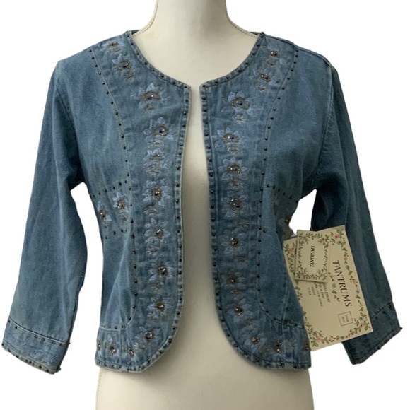 Tantrums Vintage Denim Jacket Womens Boho Embroidered Studded NWT Size Medium - Picture 2 of 16